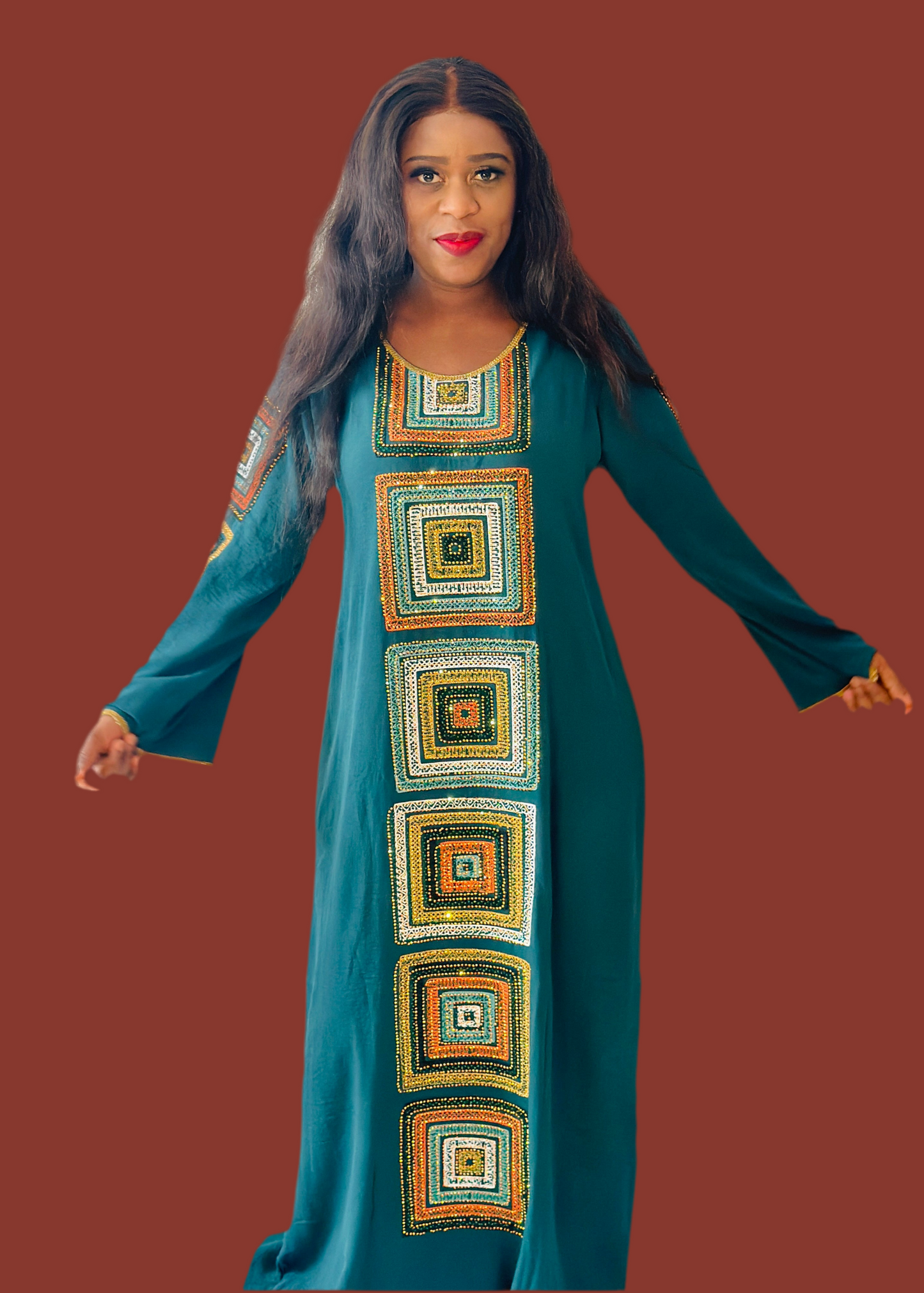 Heavily Beaded Long Sleeve Maxi Dress