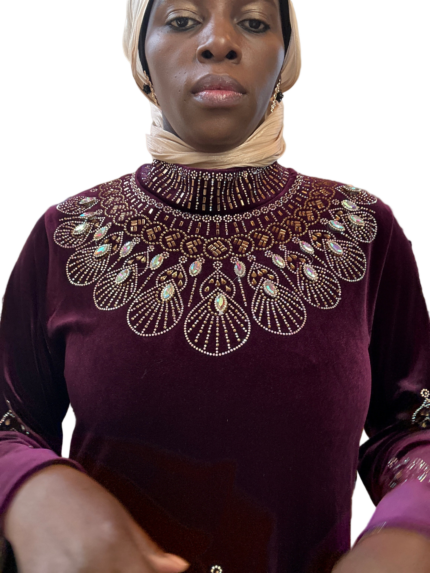 Regal Velvet Rhinestone Abaya – Black & Maroon (M–2XL)