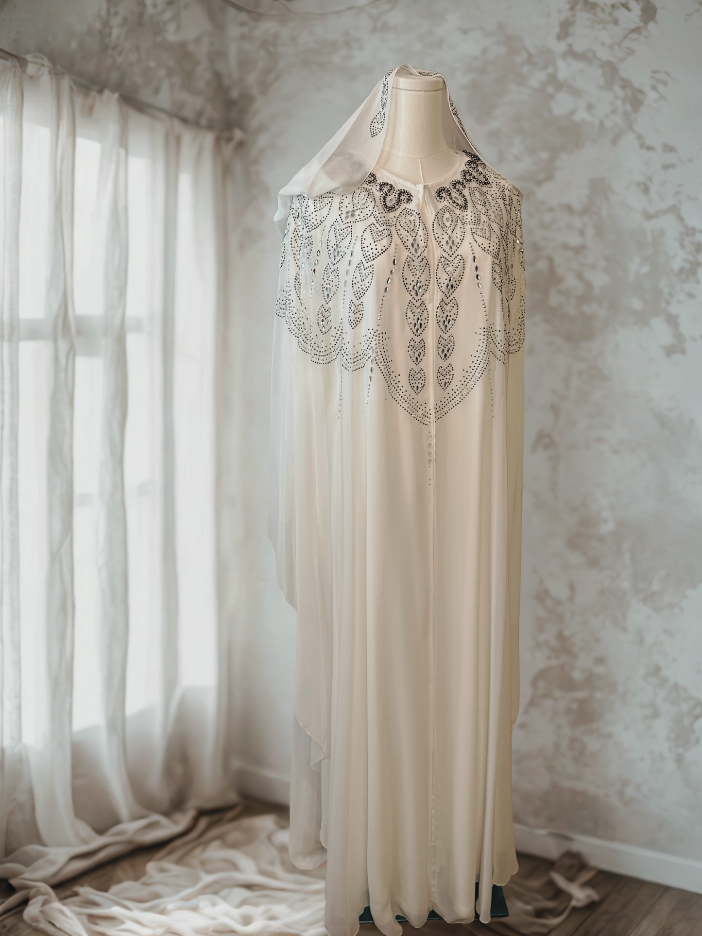 White Chiffon Kaftan with Hoodie & Teardrop Rhinestones