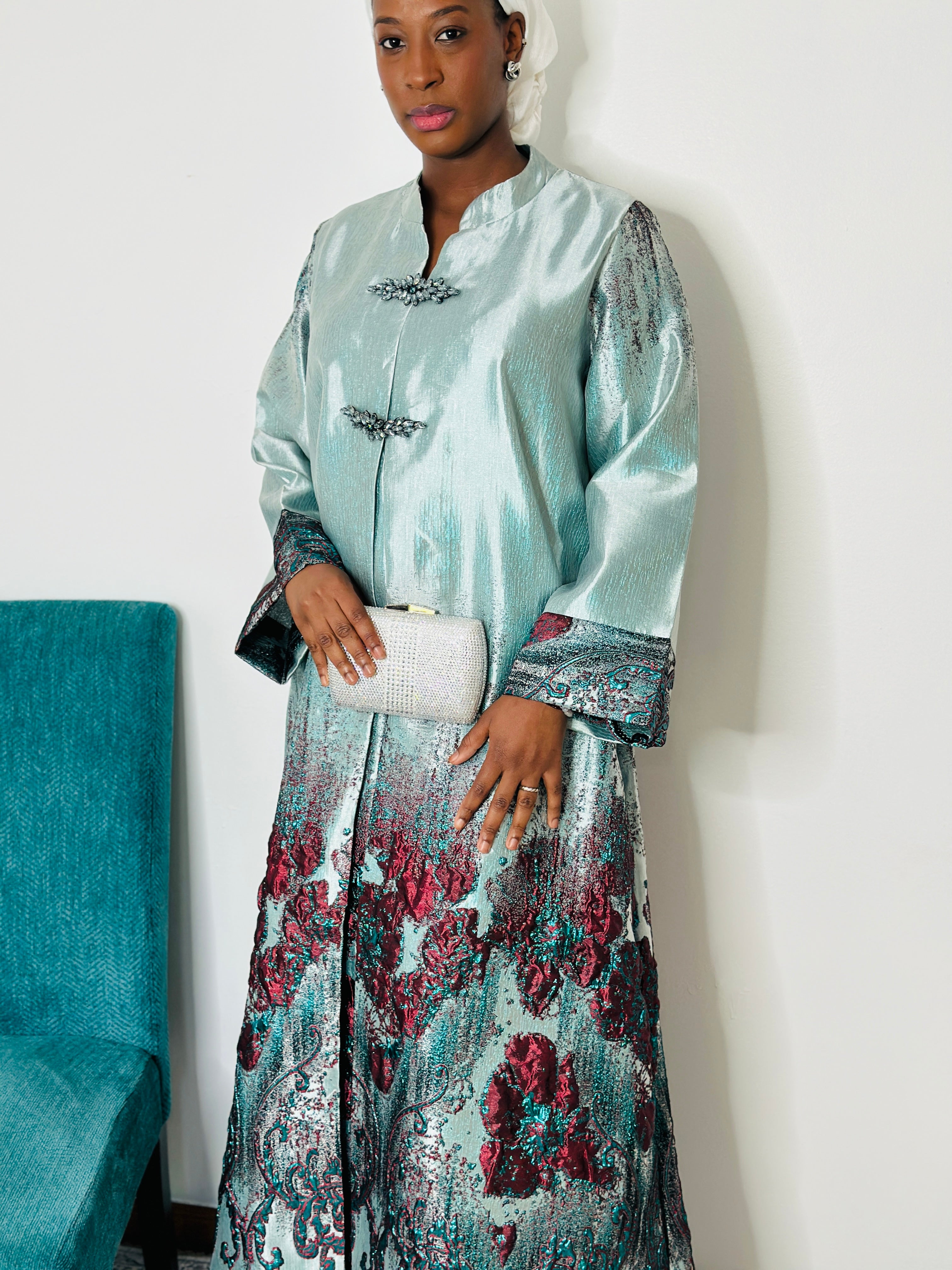 Model wearing Modest Luxury kaftan from ZanNabi Boutique – elegant modest fashion.