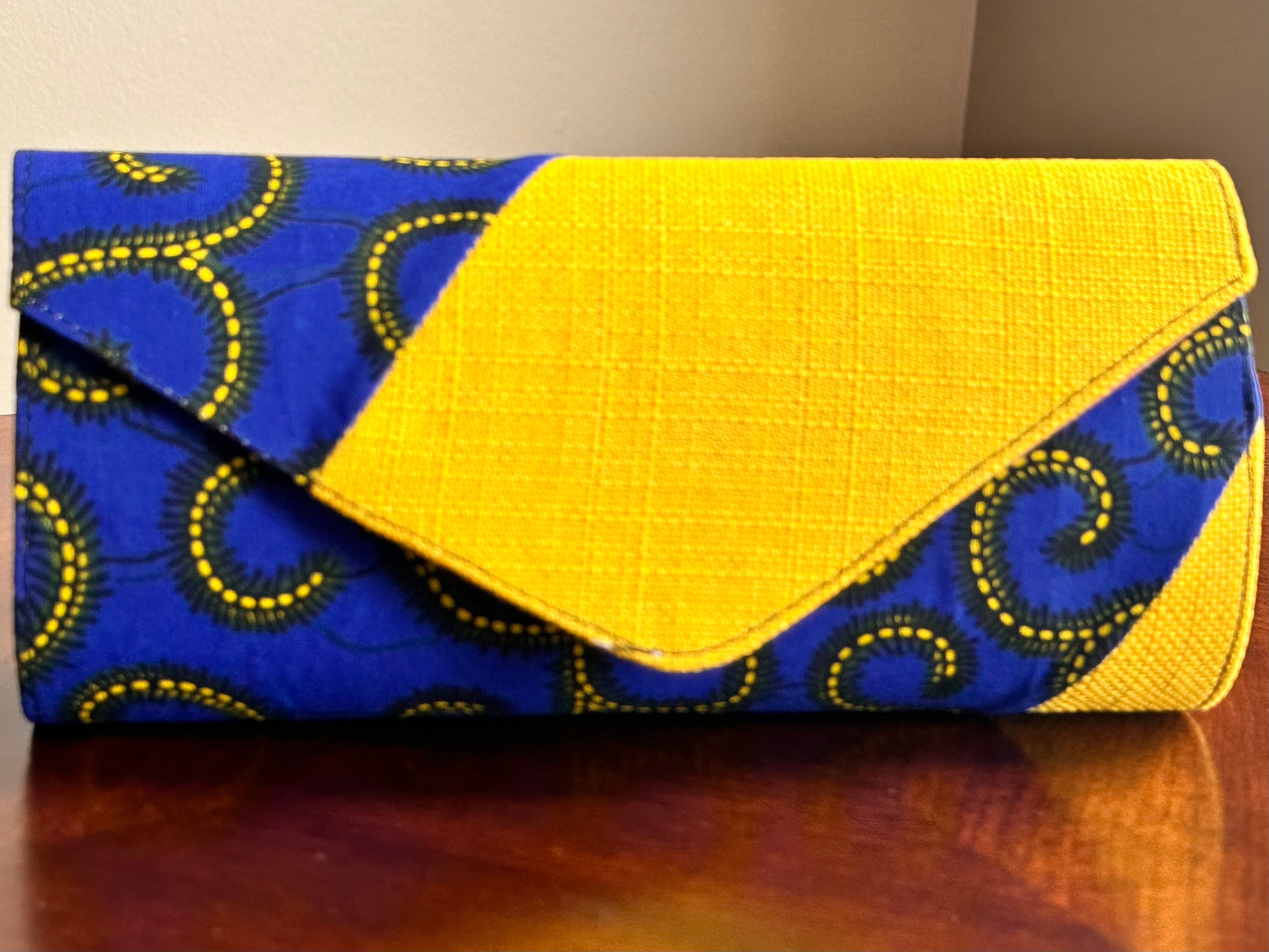 Handbags & Clutches - Yellow and blue Ankara-print clutch purse from ZanNabi Boutique, showcasing African artistry.