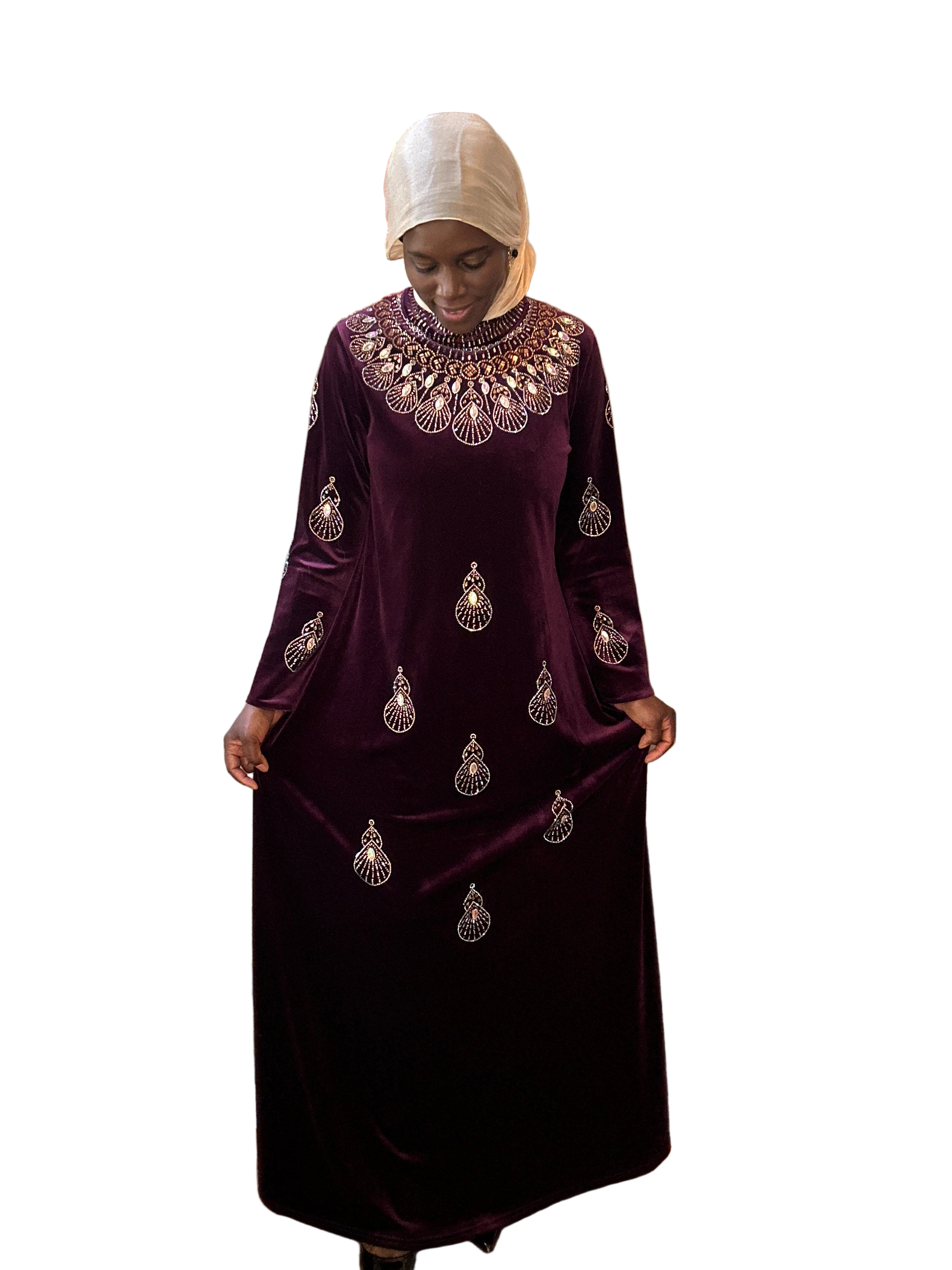 Regal Velvet Rhinestone Abaya – Black & Maroon (M–2XL)