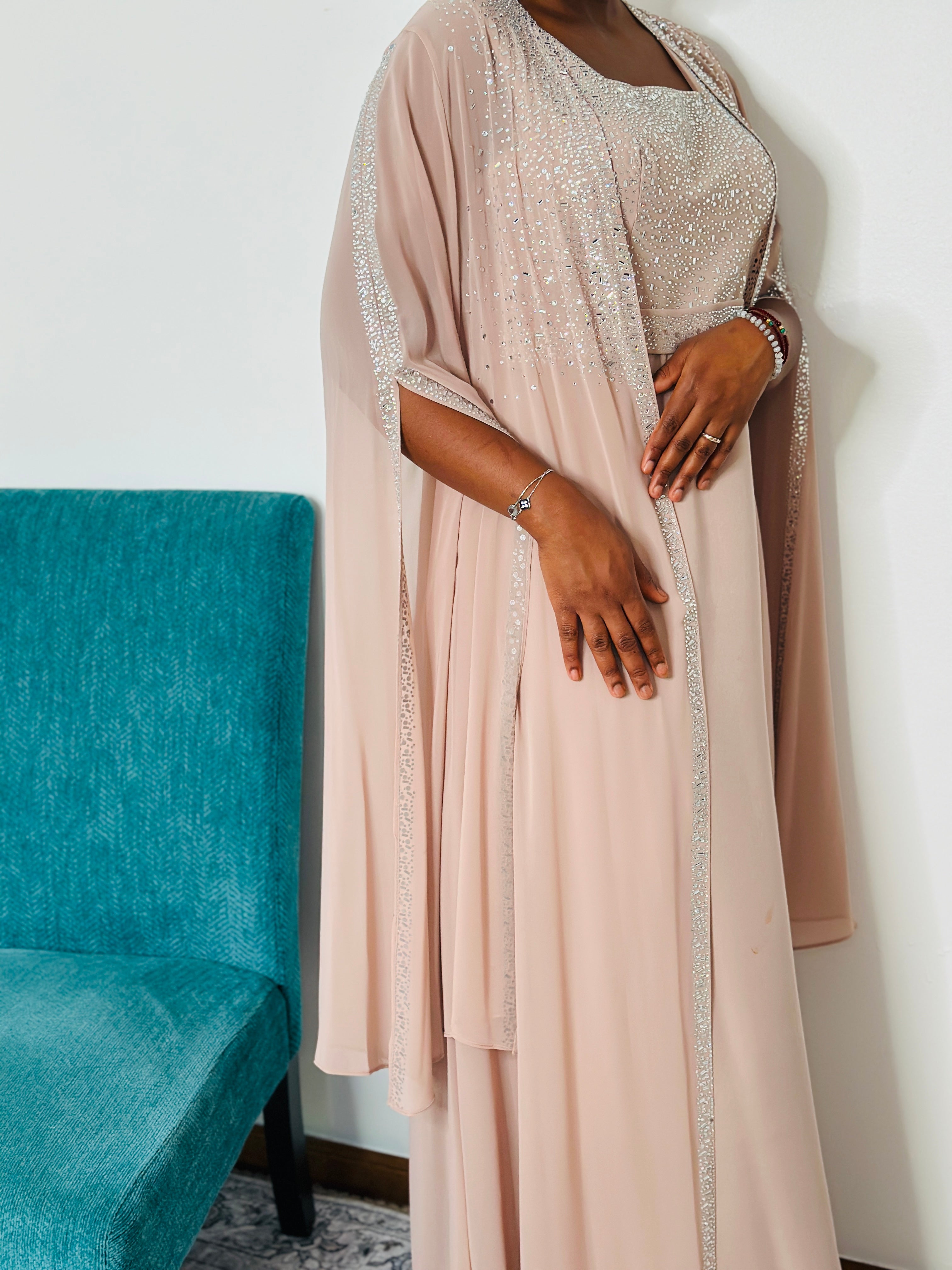 Nura Blush | Embellished Crepe Gown with Chiffon Cape