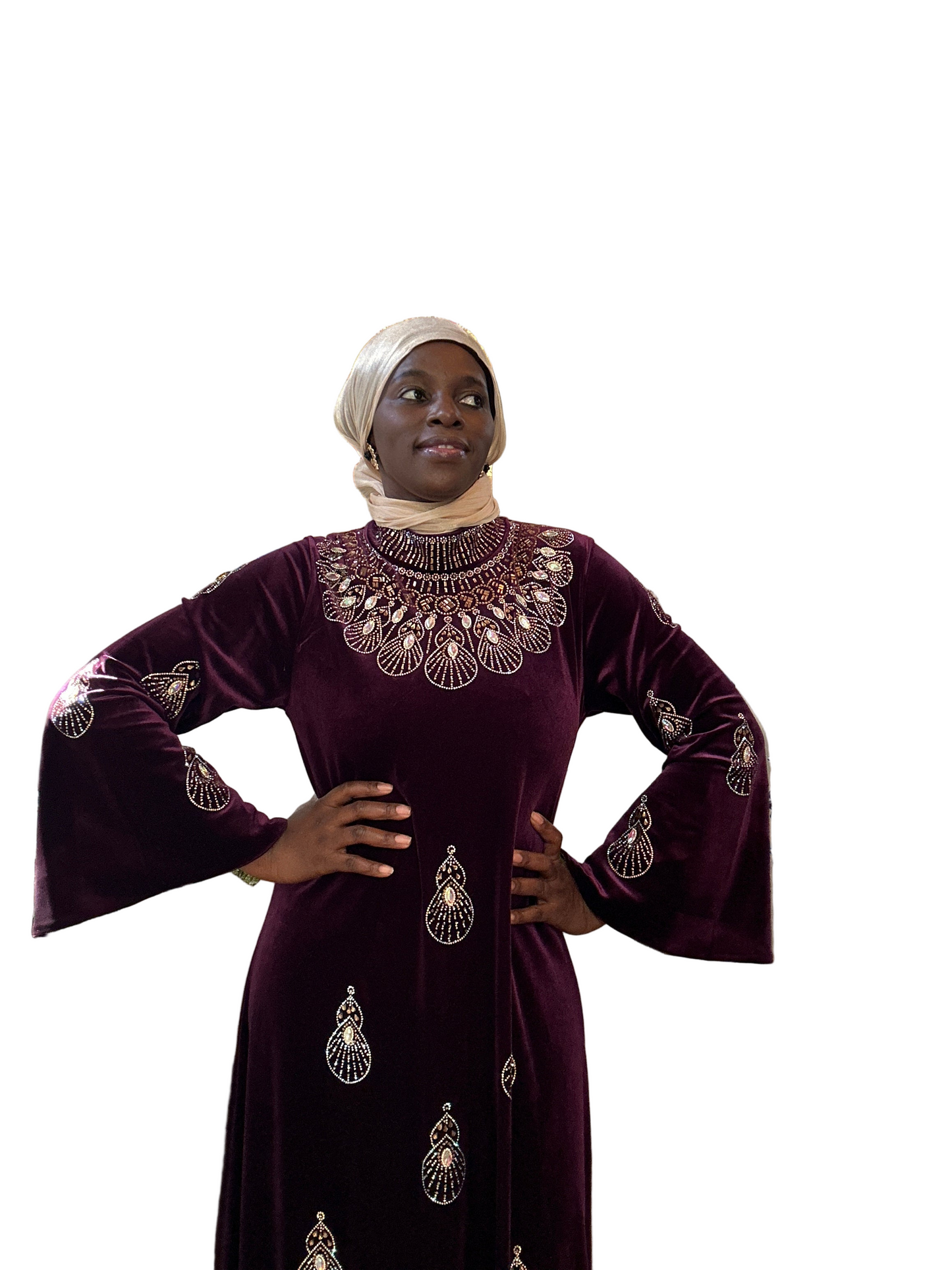 Regal Velvet Rhinestone Abaya – Black & Maroon (M–2XL)