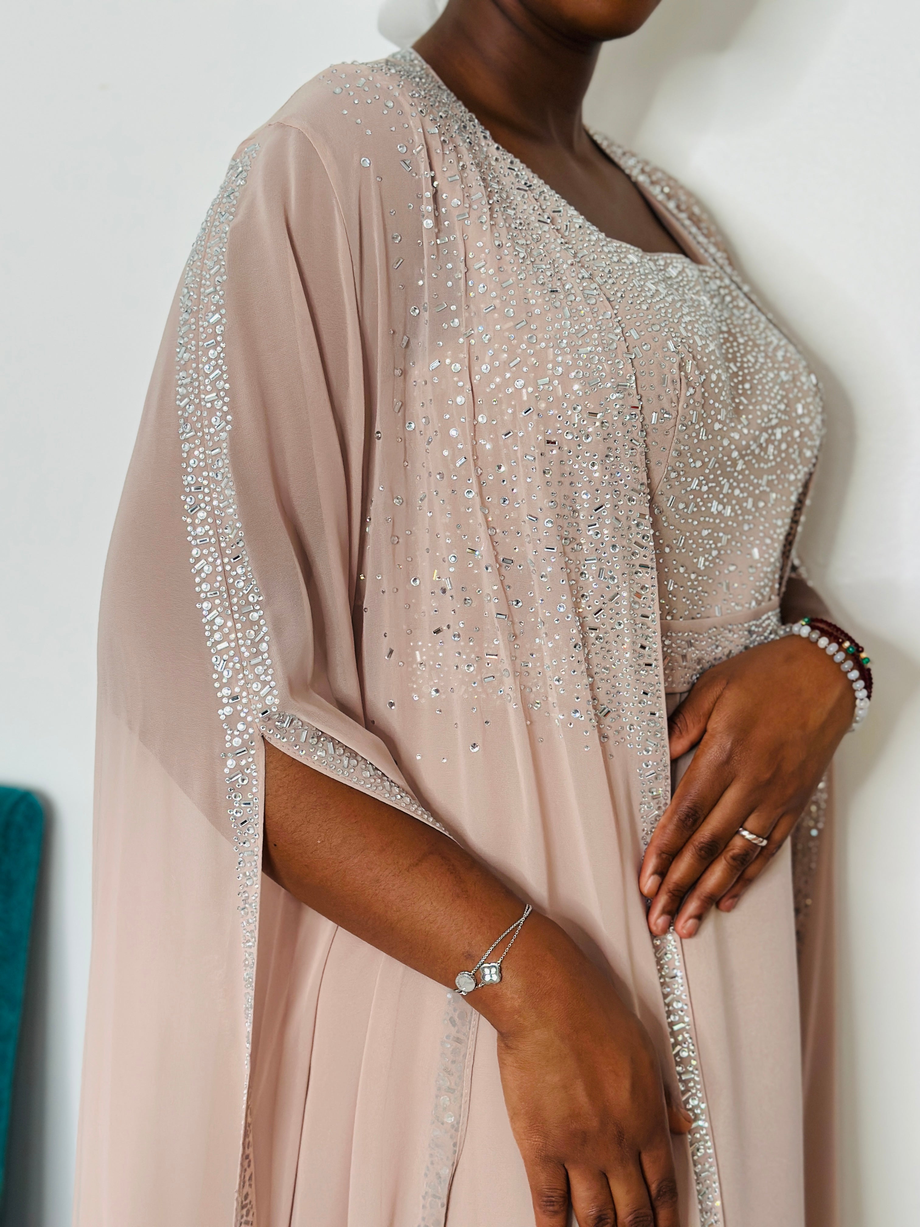 Nura Blush | Embellished Crepe Gown with Chiffon Cape