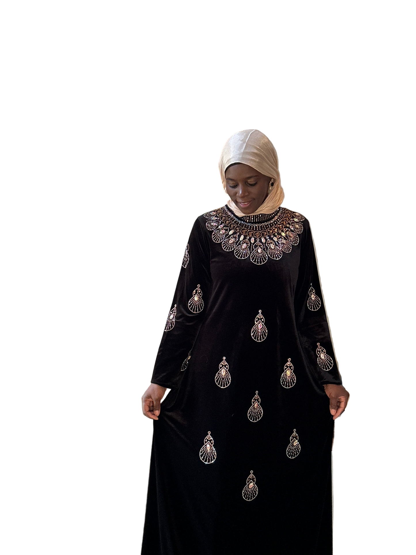 Regal Velvet Rhinestone Abaya – Black & Maroon (M–2XL)