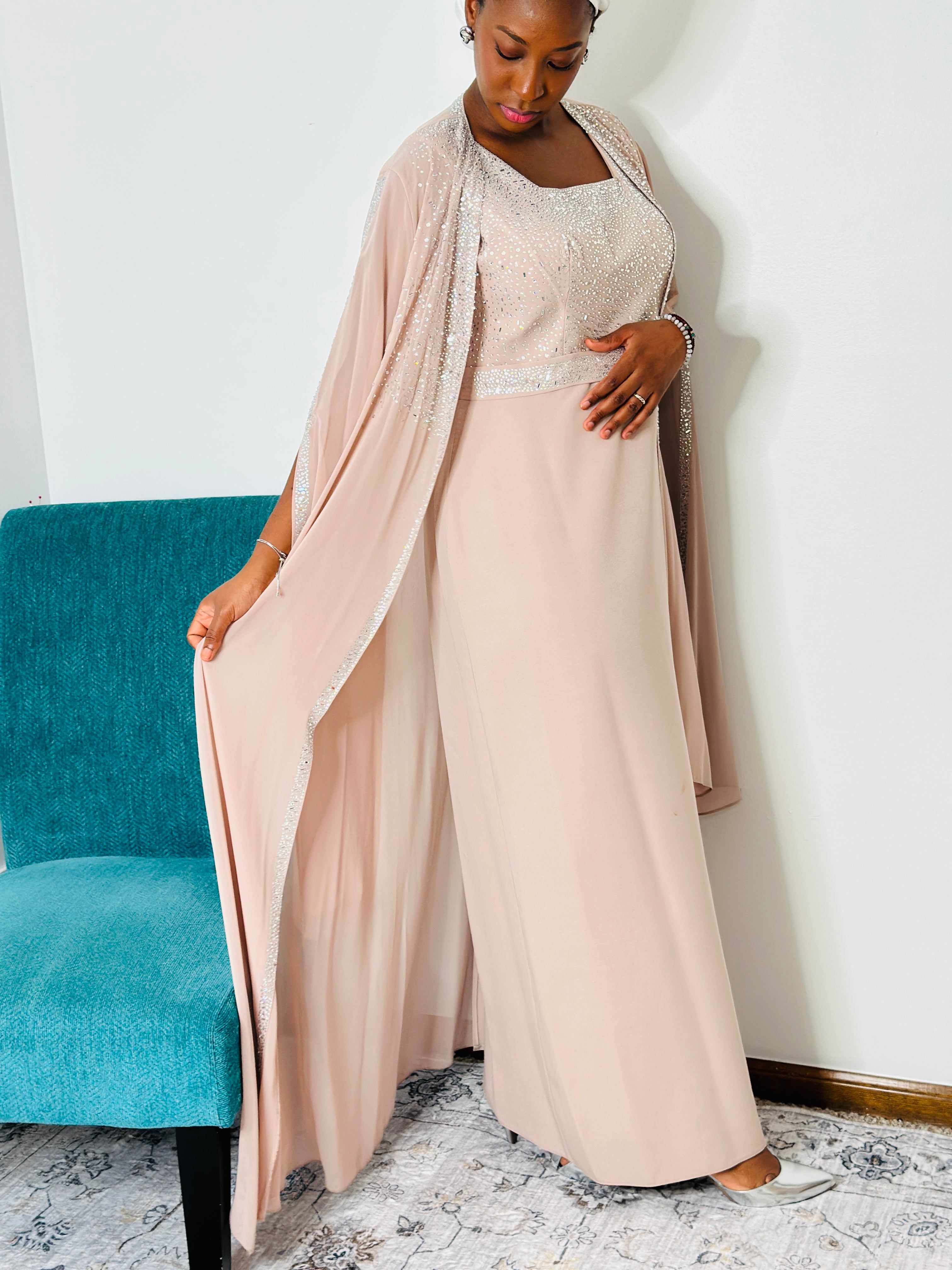 Nura Blush | Embellished Crepe Gown with Chiffon Cape
