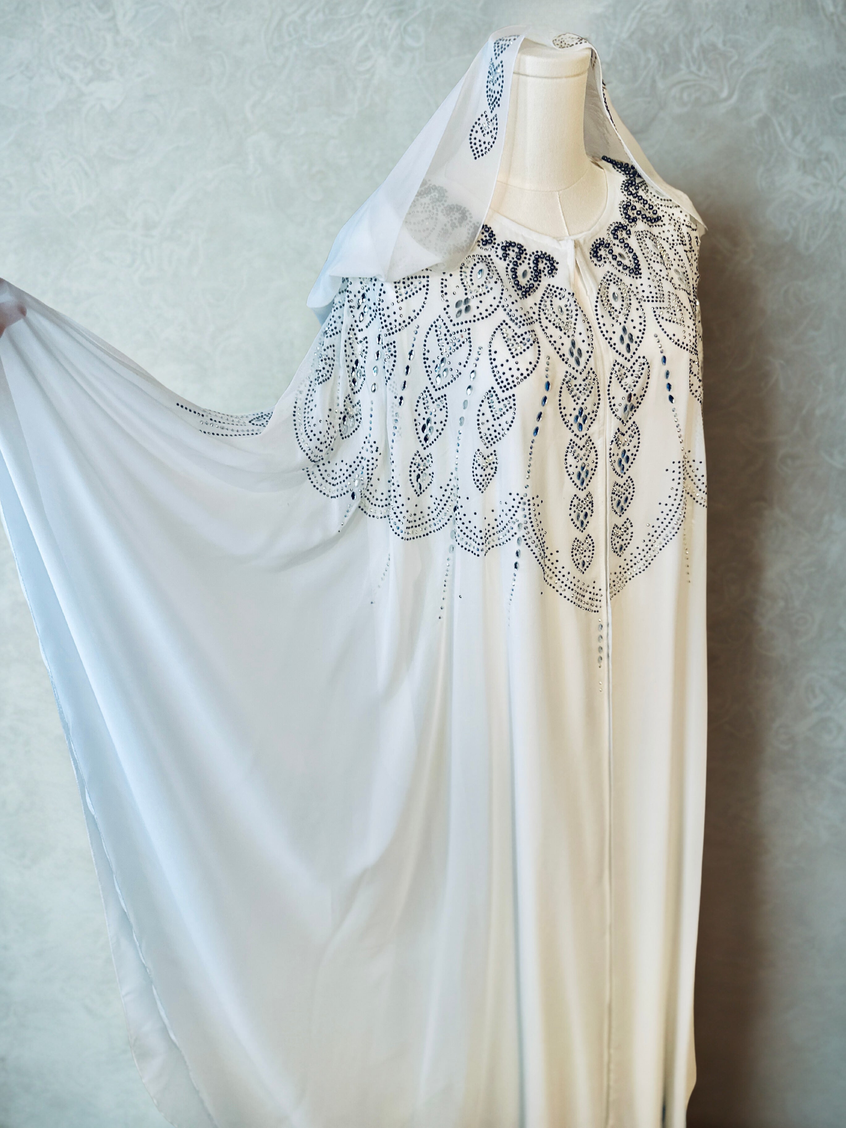 White Chiffon Kaftan with Hoodie & Teardrop Rhinestones