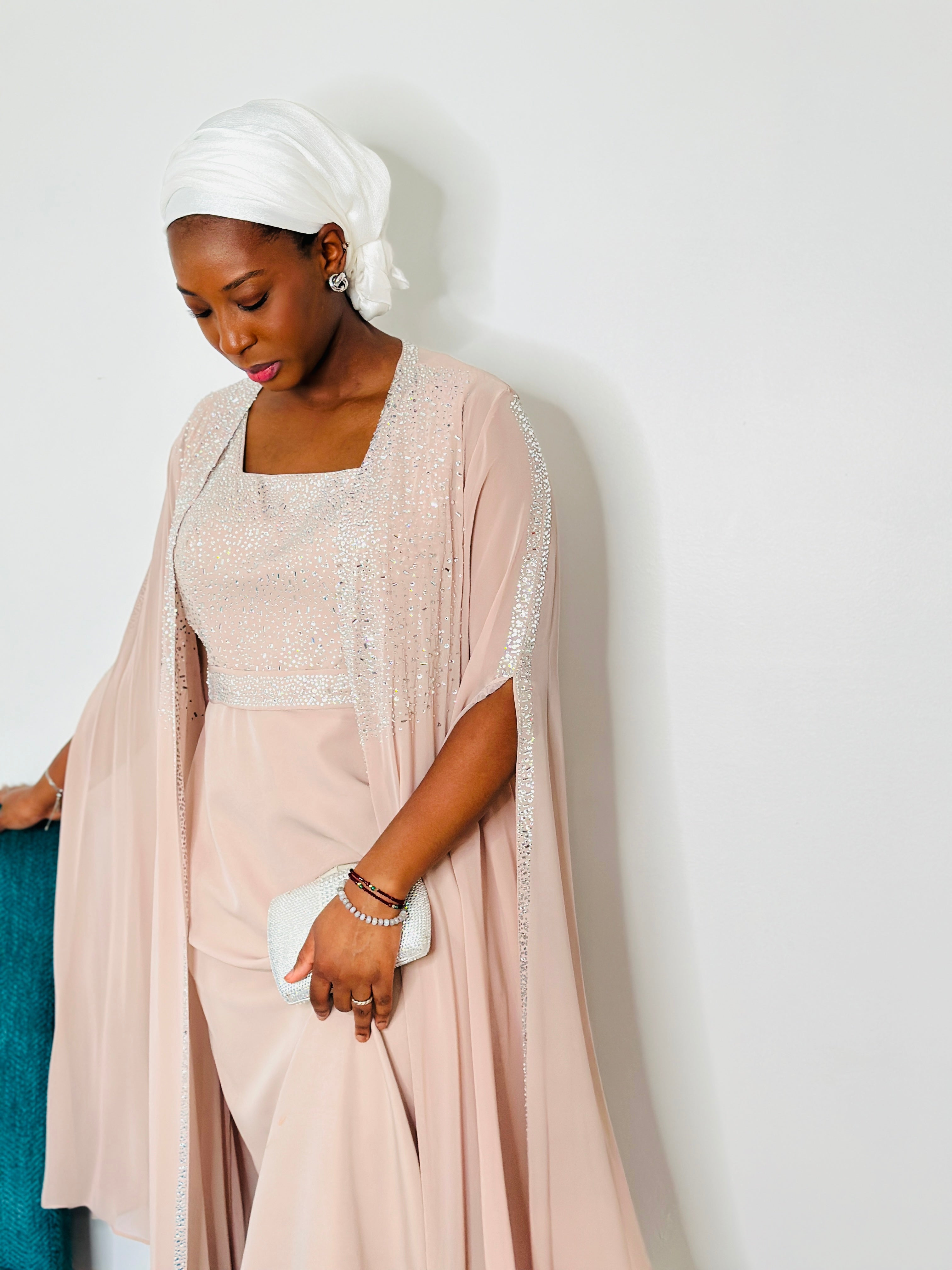 Nura Blush | Embellished Crepe Gown with Chiffon Cape
