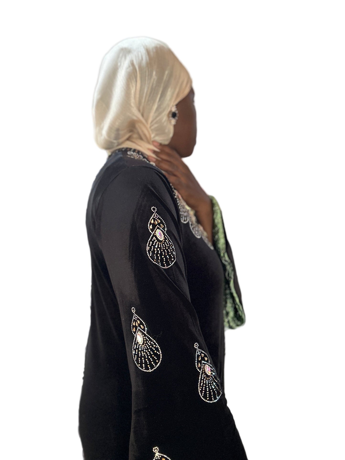 Regal Velvet Rhinestone Abaya – Black & Maroon (M–2XL)