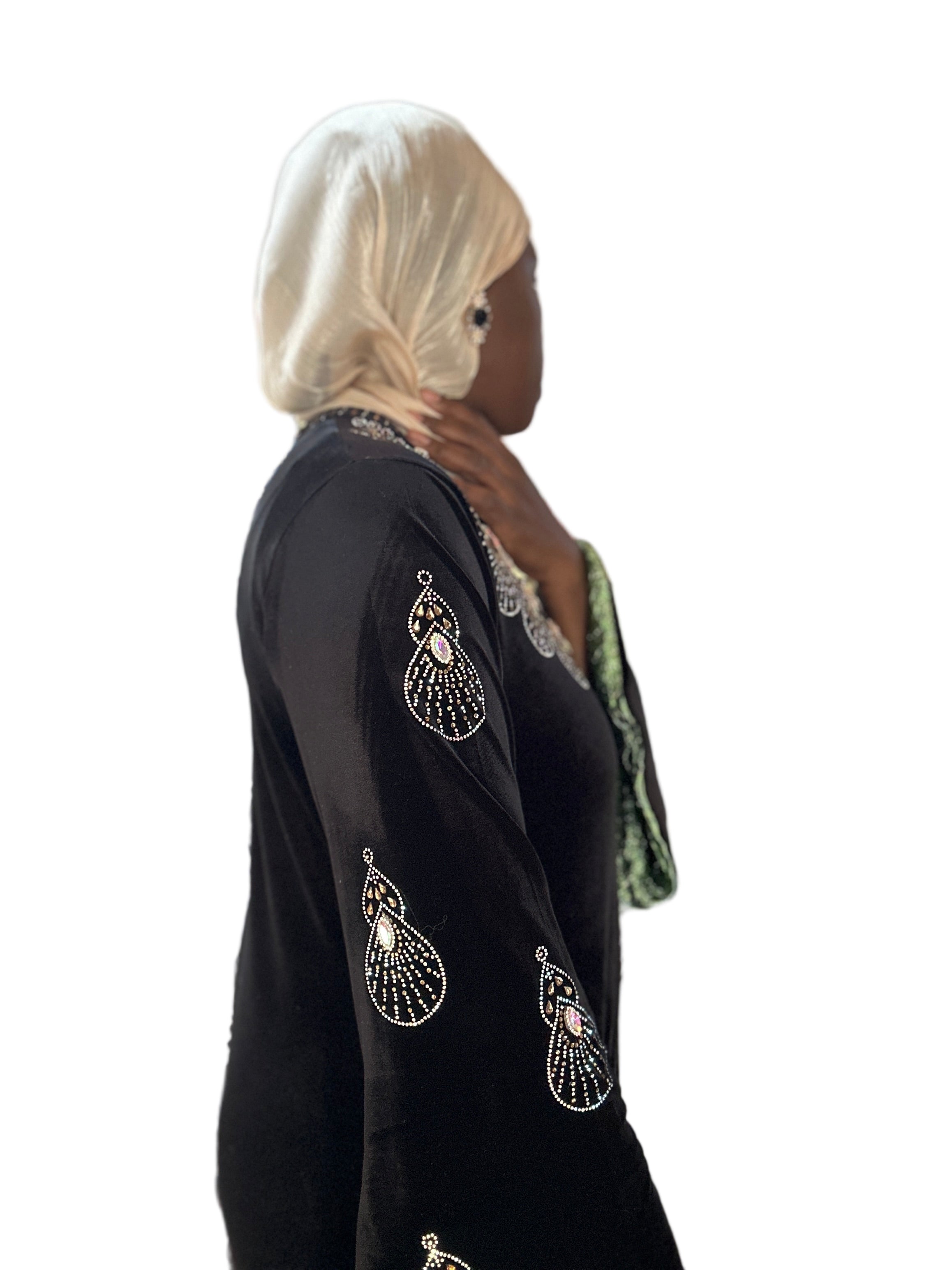 Regal Velvet Rhinestone Abaya – Black & Maroon (M–2XL)