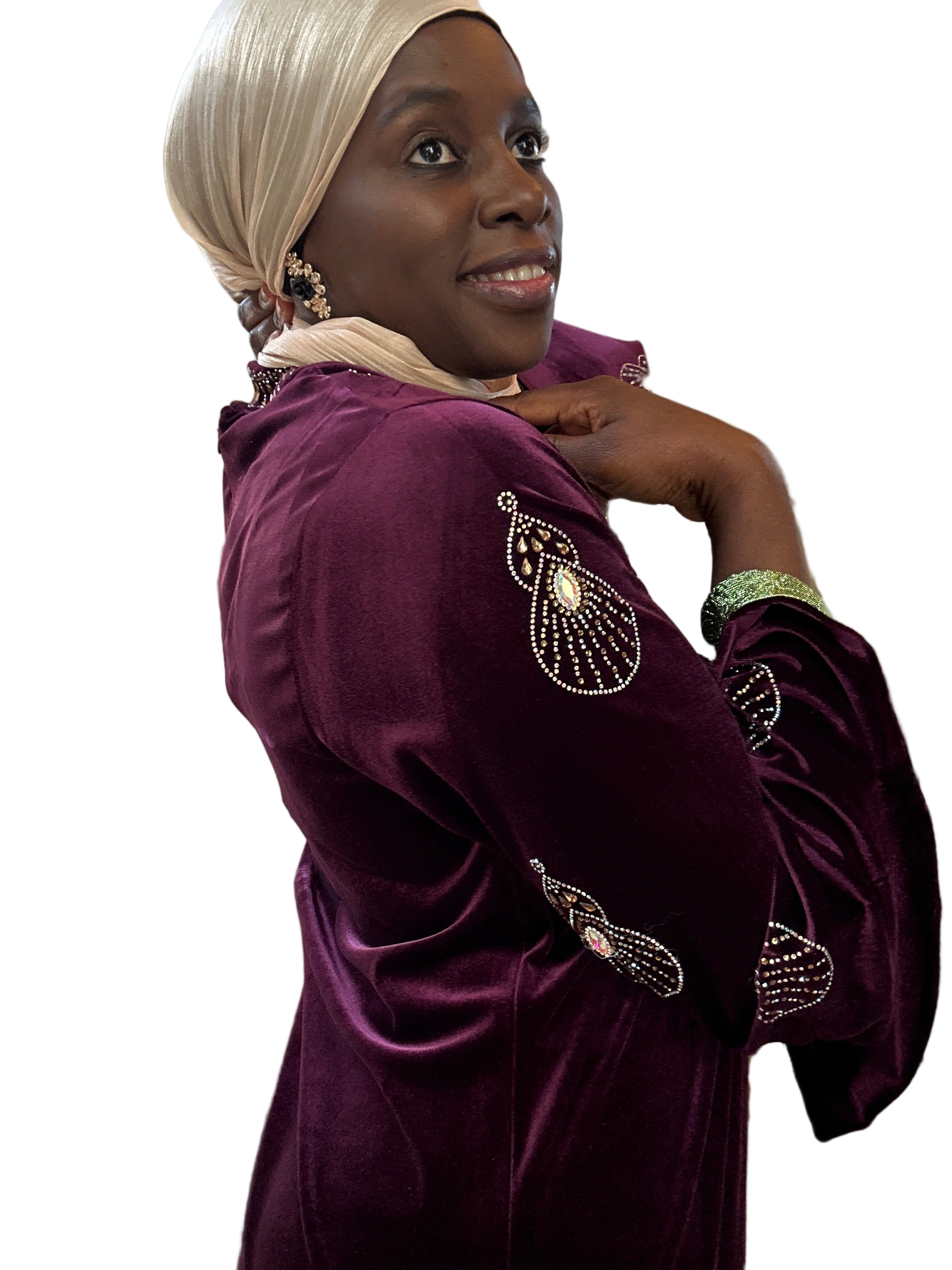 Regal Velvet Rhinestone Abaya – Black & Maroon (M–2XL)