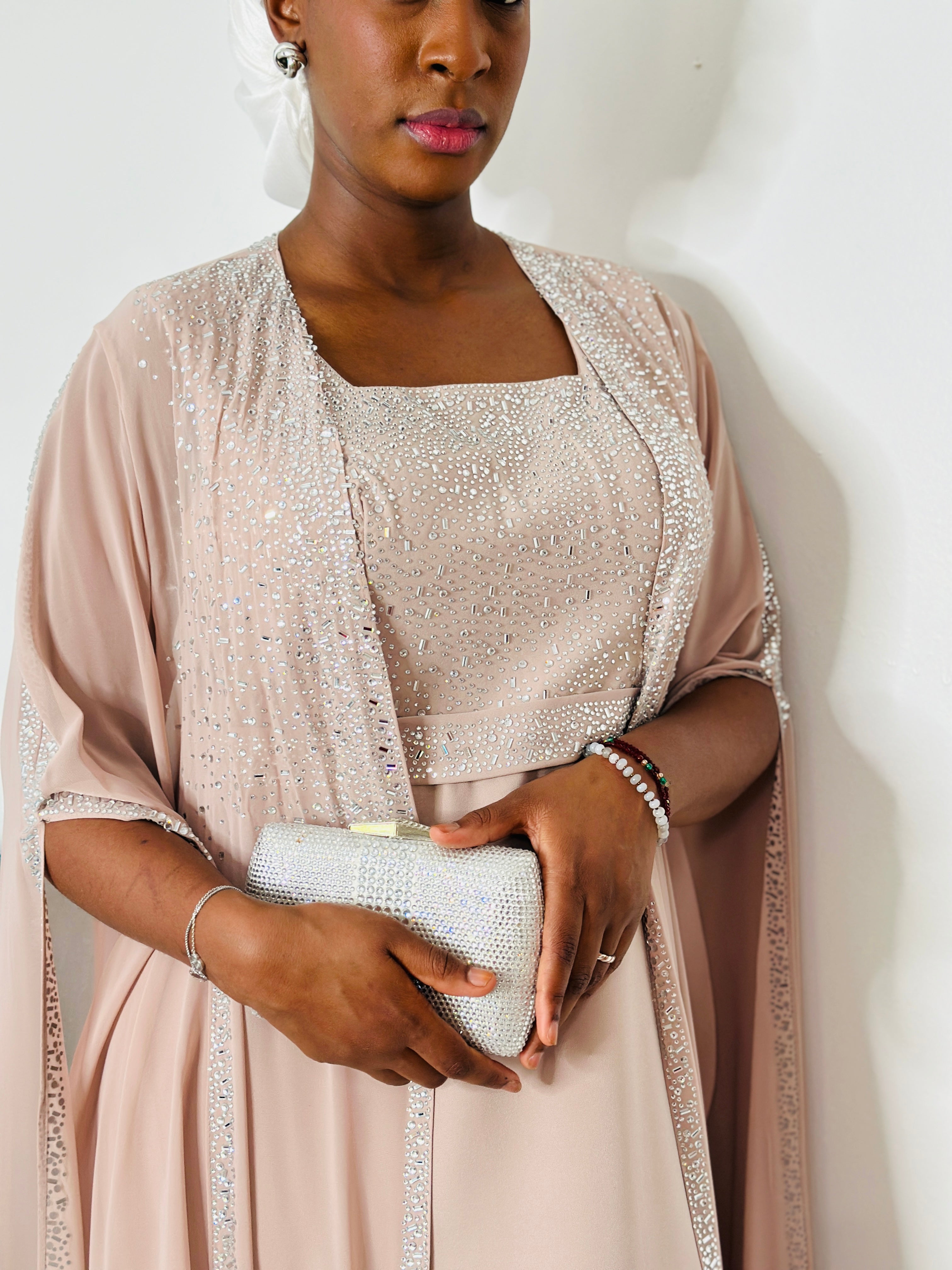 Nura Blush | Embellished Crepe Gown with Chiffon Cape