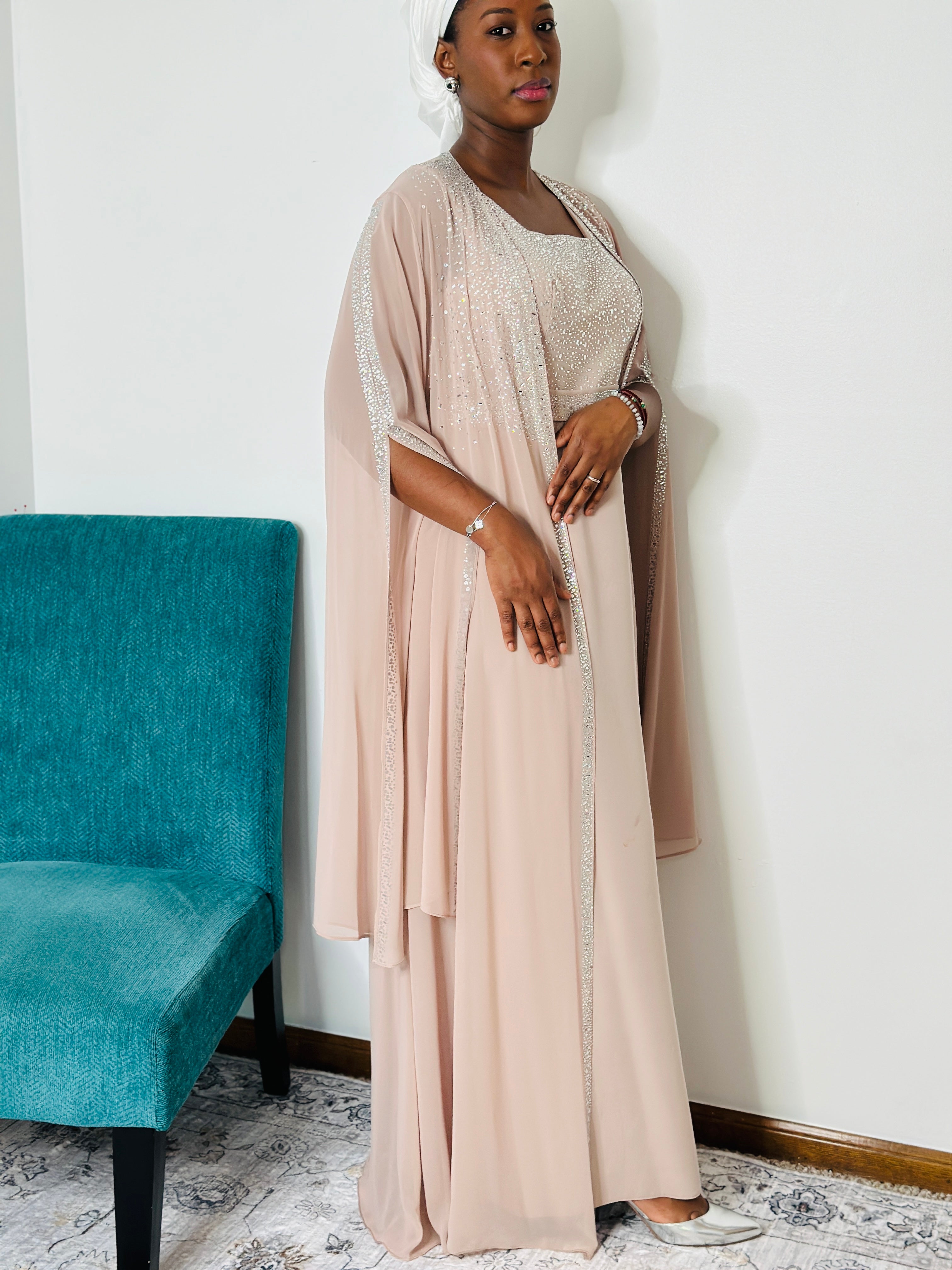 Nura Blush | Embellished Crepe Gown with Chiffon Cape
