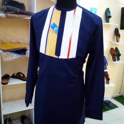 Dark Navy Tunic with African Woven Fabric at Chest