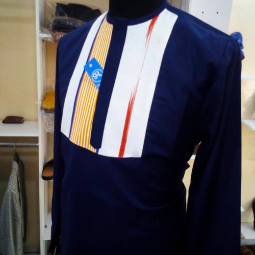 Dark Navy Tunic with African Woven Fabric at Chest